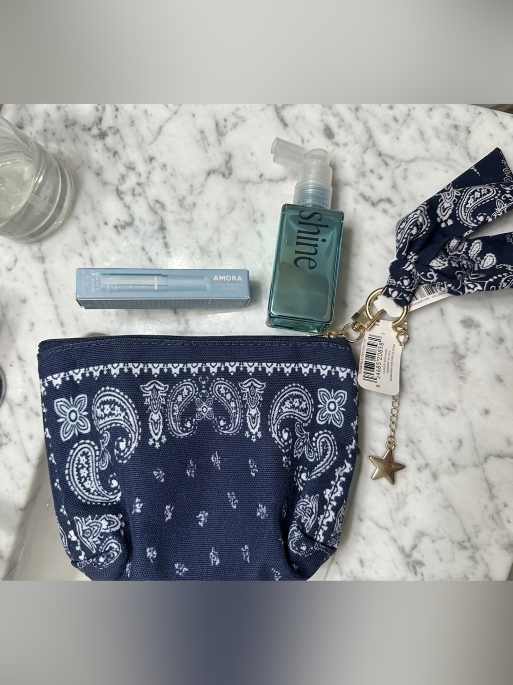 Navy Bandana Print Wristlet Pouch with Star Charm, lip gloss and hair shine